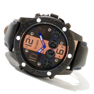 621-341 - Stauer Men's Hybrid Rally Quartz Chronograph Digital/Analog Leather Strap Watch