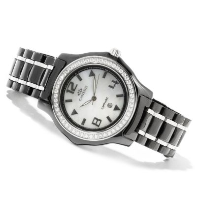 622-230 - Oniss Women's Ice Quartz Crystal Accented Mother-of-Pearl Stainless Steel Bracelet Watch