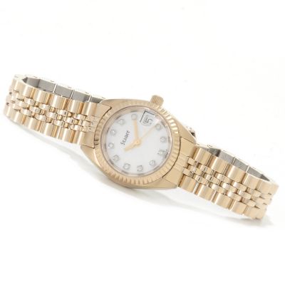 622-522 - Stauer Women's Diamond Accented Mother-of-Pearl Stainless Steel Bracelet Watch