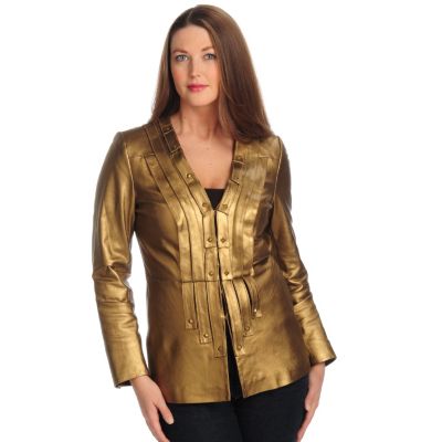 PAMELA MCCOY V-NECK LEATHER JACKET WITH LEATHER STRIPS AND SQUARE EMBELLISHMENT