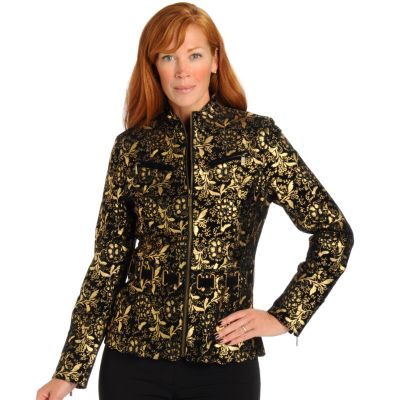 PAMELA MCCOY COLLECTION SUEDE ZIP FRONT JKT W/JEWL NECK & BELT DETAILING
