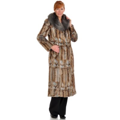 PAMELA MCCOY 48" FAUX FUR JACKET W / FAUX SILVER FOX SHAWL COLLAR