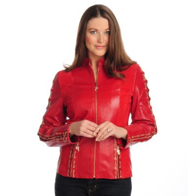 PAMELA MCCOY LEATHER SCUBA JACKET WITH CHAIN & EYELET DETAILING