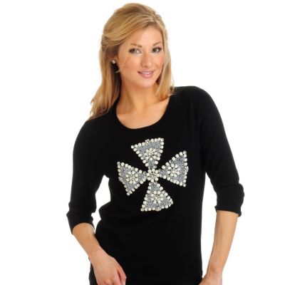 702-159 - VICTOR by Victor Costa 3/4 Sleeved Beaded Cross Knit Sweater
