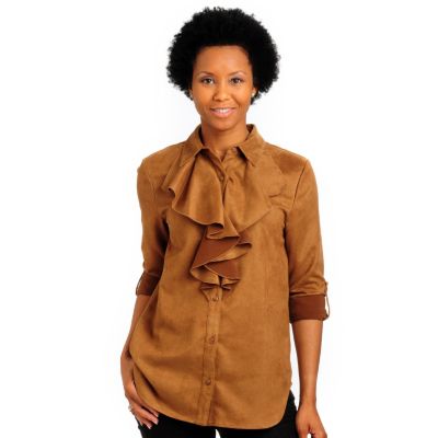 702-180 - Pamela McCoy Button Front Washable Faux Suede Poet Shirt