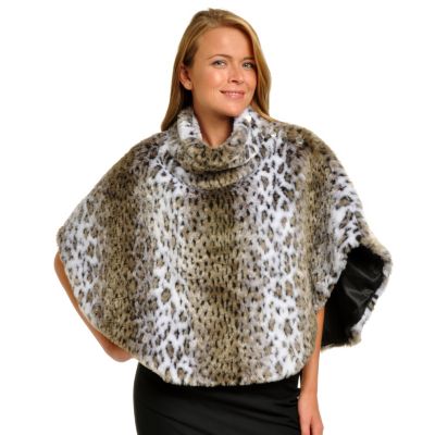 WD.NY ANIMAL PRINT FAUX FUR PONCHO W/COWL NECK
