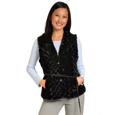 702-257 - Pamela McCoy Chain Belt Perforated Suede Trimmed Angora Faux Fur Vest 