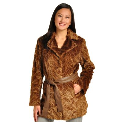 702-259 - Pamela McCoy Belted Notch Collar Beaver Faux Fur Coat