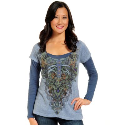 ONE WORLD L/S 2 IN 1 HEATHERED KNIT FOUR BUTTON HENLEY WITH BLING