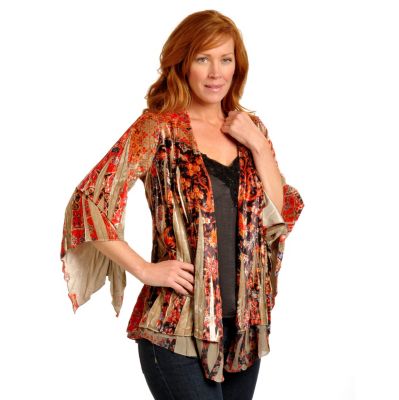 ONE WORLD STRETCH VELVET PRINTED CARDIGAN AND SATIN CAMISOLE SET