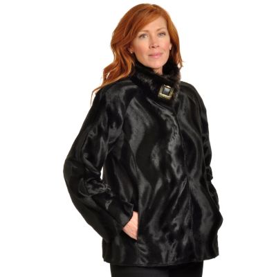 Pamela McCoy Raglan Sleeve Stand Collar Pony Faux Fur Jacket w/ Mink Trim