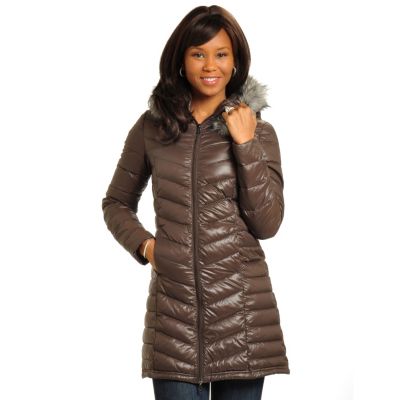 Big Chill Packable Mid-Length Lightweight Down Coat w/Removable Hood & FF Trim