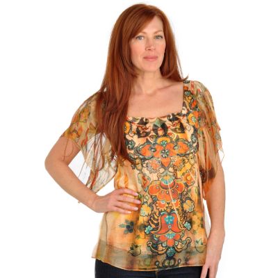 702-683 - One World Chiffon Flutter Sleeve Printed Knit Smocked Top