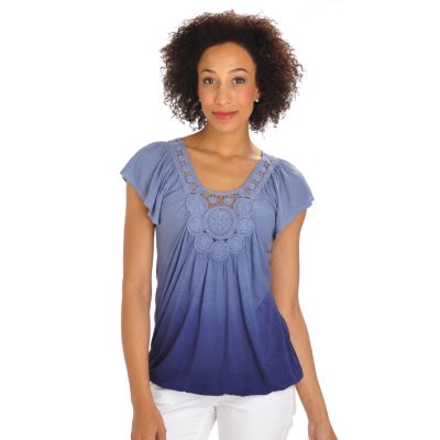702-749 - One World Dip Dyed Knit Short Sleeved Crochet Detail Top