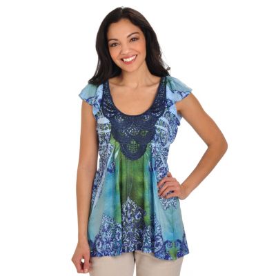 702-757 - One World Printed Knit Flutter Sleeve Scoop Neck Crochet Trim Top 