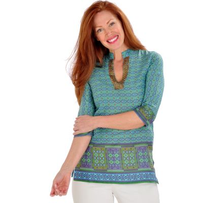 Haute Blu 3/4 Sleeve Printed Unic w/ Sequin Placket