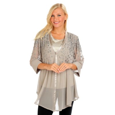Geneology Embellished Chiffon Blouse with Satin Trim and Satin Tank