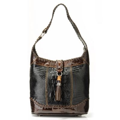 MADI CLAIRE "DALIA" CROCO EMBOSSED LEATHER SHOULDER BAG W/ TORTOISE ORNAMENT AND TASSEL ACCENT