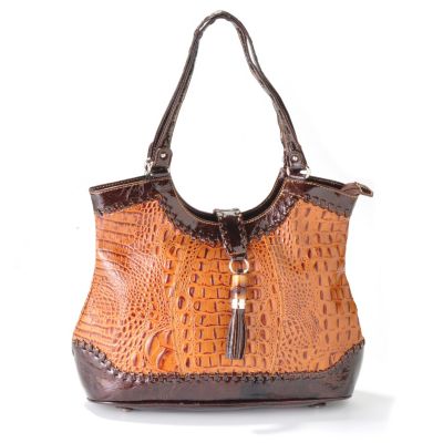 MADI CLAIRE "DAHLIA" CROCO EMBOSSED LEATHER TOTE WITH TORTOISE ORNAMENT AND TASSEL ACCENT