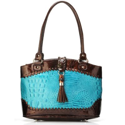 MADI CLAIRE "DAHLIA" CROCO EMBOSSED LEATHER SATCHEL WITH TORTOISE ORNAMENT AND TASSEL ACCENT