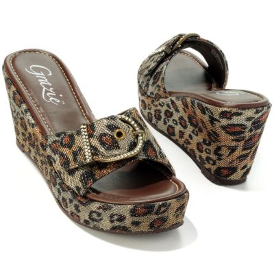 GRAZIE FOOTWEAR "JESTER" CRYSTAL BUCKLE ANIMAL PRINT WEDGE SANDALS