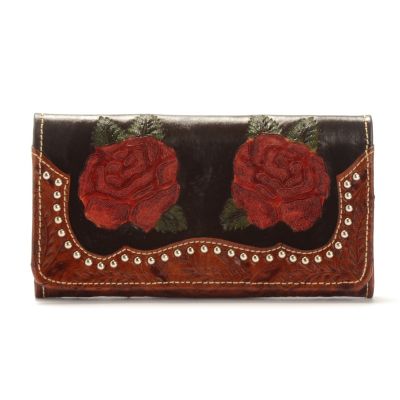 703-698 - American West ''Roses are Red'' Tooled Leather Organizer Wallet w/ Stud Detail
