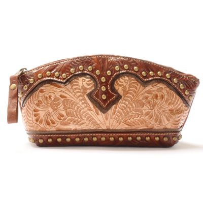 AMERICAN WEST TOOLED LEATHER COSMETIC CASE WITH EASY CARE INTERIOR LINING