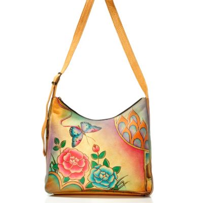 703-789 - Anuschka Hand Painted Leather Large Organizer Hobo Bag w/ Phone Case