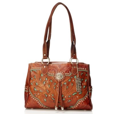 American West Multi Compartment Hand Tooled Leather Organizer Tote Bag