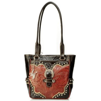 American West Leather Zip Top Tote with Outside Pockets