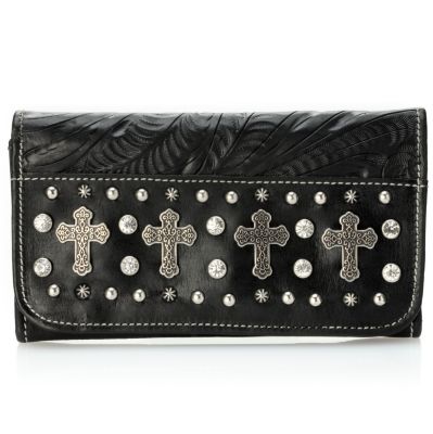 704-248 - American West Stud Detail Hand Tooled Leather Tri-Fold Wallet