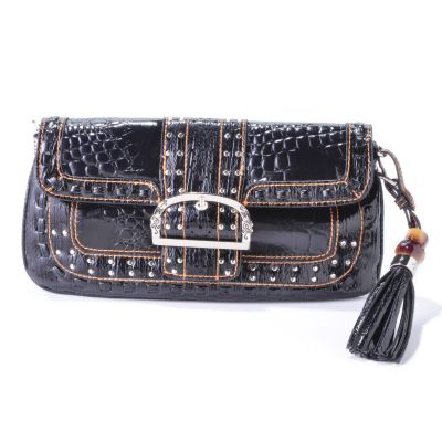 Madi Claire Keira Croco Embossed Leather Shoulder Bag with Studs and Buckle