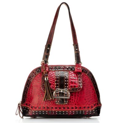 Madi Claire Keira Croco Embossed Leather Dome Satchel with Studs and Buckle
