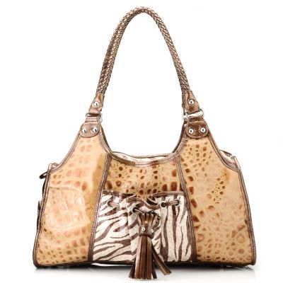 MADI CLAIRE CROCO EMBOSSED LEATHER "TAMARA" SATCHEL WITH ZEBRA PRINT ACCENTS