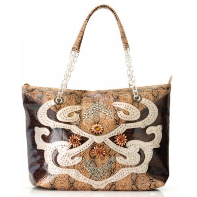 BAG CHIQUE SNAKE PRINT EMBOSSED TOTE WITH CHAINS AND STONES