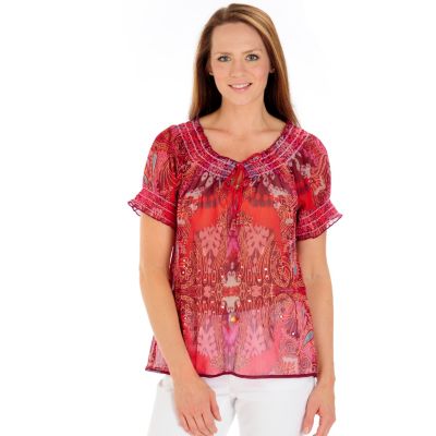 One World Tie Neck Sequin Woven Peasant Top