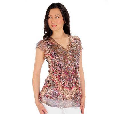 709-254 - One World Printed Knit Flutter Sleeved Applique & Sequin Detailed Top