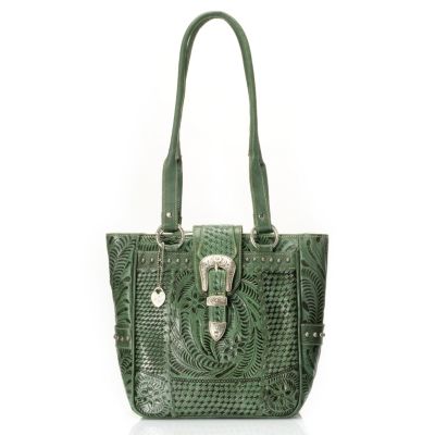 709-503 - American West Stud Detailed Zip Top Hand Tooled Leather Tote Bag