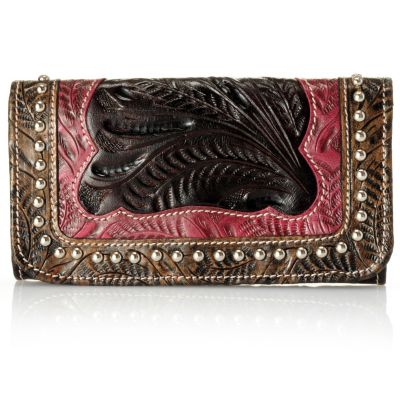 709-513 - American West Stud Detail Hand Tooled Leather Tri-Fold Wallet