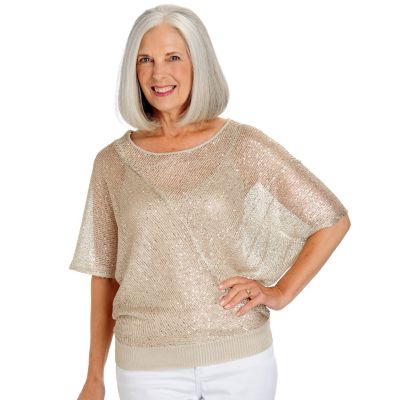 709-642 - One 7 Six Sequined Open Knit Dolman Sleeved Round Neck Pieced Sweater 