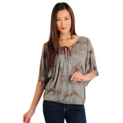 One World Tie Dye Heathered Embroidered Peasant Top