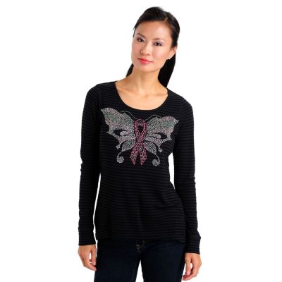 One World 2 Tone Stripe Bling Breast Cancer Awareness Top