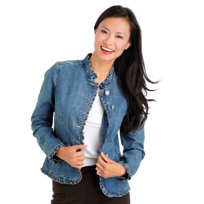 709-678 - OSO Casuals Stretch Slub Twill Decorative Buttons Ruffle Trimmed Denim Jacket 