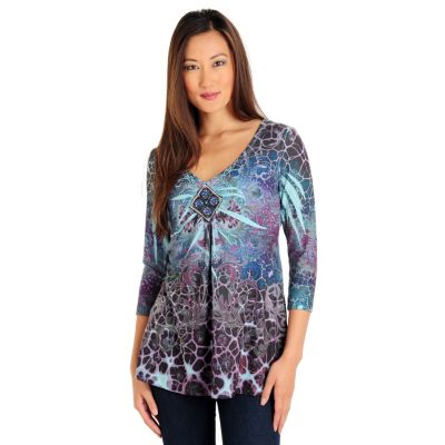 710-146 - One World Stretch Knot 3/4 Sleeved Beaded V-Neck Printed Top 