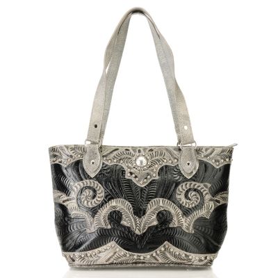 710-258 - American West Hand-Tooled Leather Swirl Design Zip Top Tote Bag