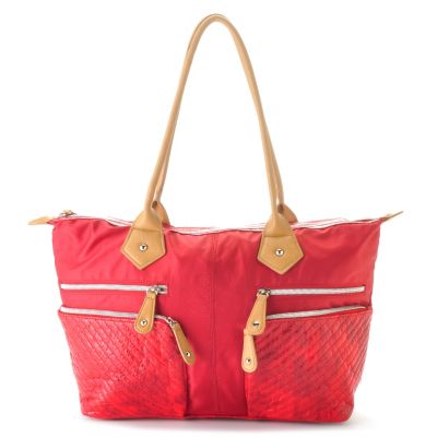 710-328 - Sondra Roberts Snake Print & Nylon Quilted Zip Top Tote Bag