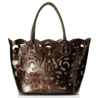 710-508 - Sondra Roberts Zip Top Laser Cut Crinkled Patent Tote Bag