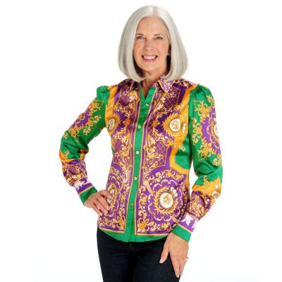 710-569 - WD.NY Status Print Satin Long Sleeved Button Front Blouse 