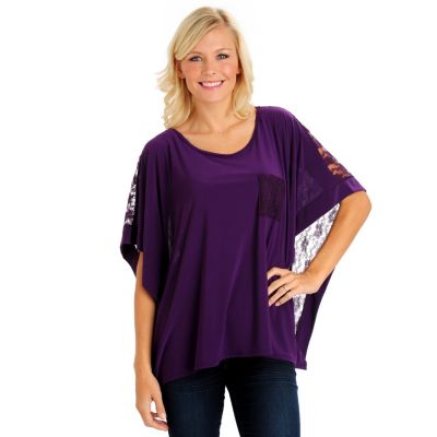 710-655 - Kate & Mallory Stretch Knit Butterfly Sleeved Wide Scoop Neck Lace Back Top 