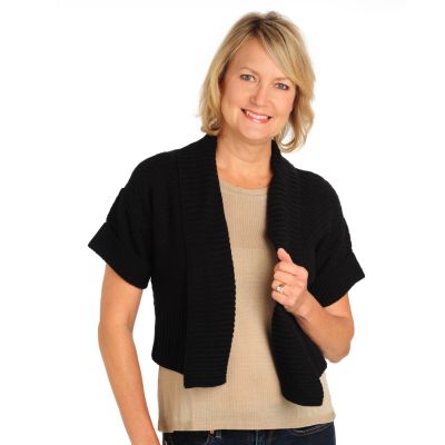 710-667 - Kate & Mallory Honeycomb Knit Short Sleeved Shawl Collar Open Sweater Shrug 
